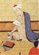 Qays,the future Majnun,begins as a scribe to write his poem in honor of the theophany through Layli unknow artist